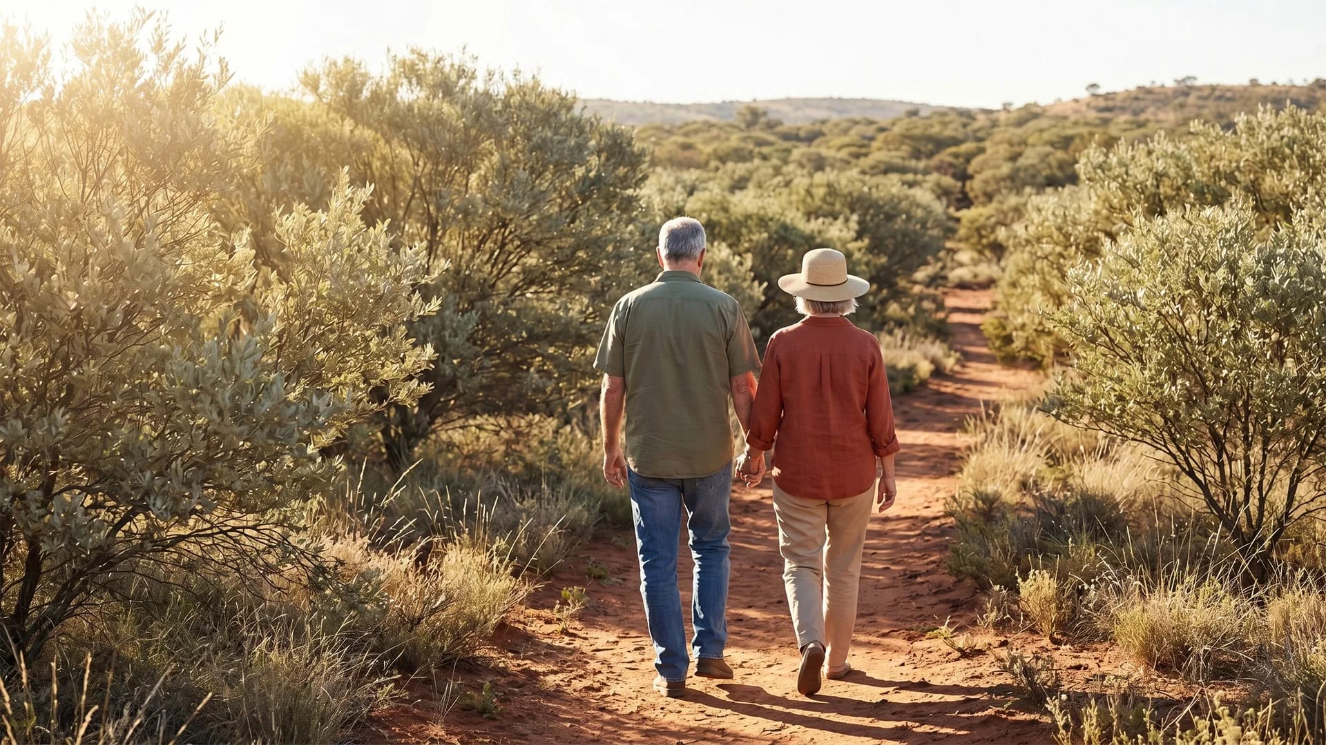 Two people walking a sunlit track