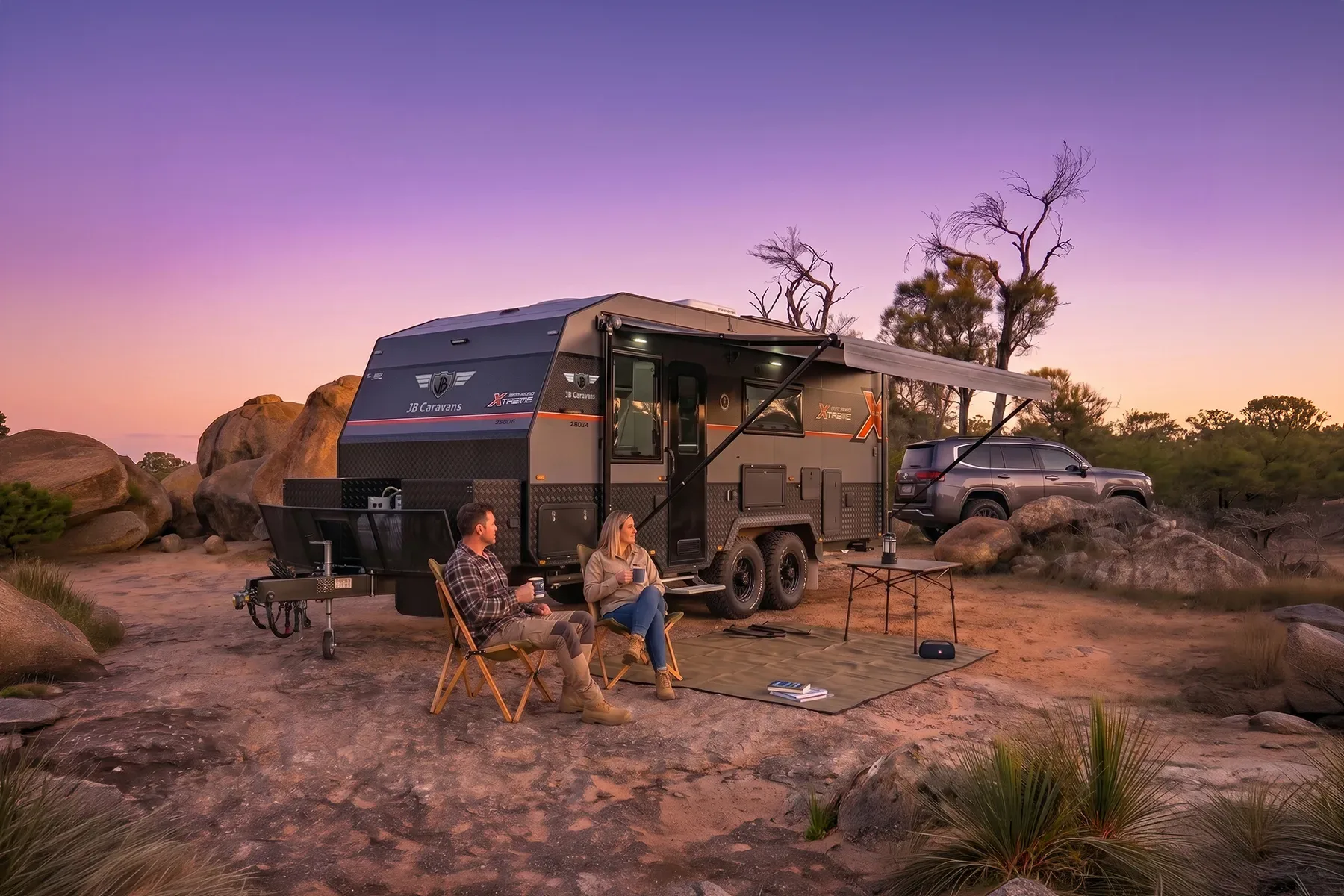 JB semi off-road caravan on a gravel road